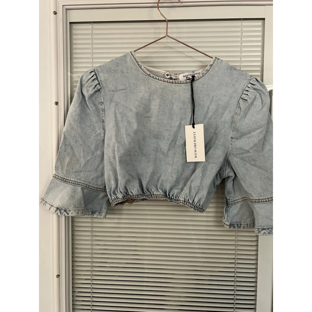WeWoreWhat‎ Cropped Denim Top Indigo Comfort Size S NWT REVOLVE